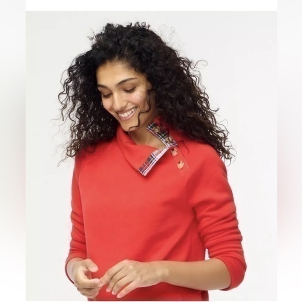 J Crew Wide Button-Collar Sweatshirt Fleece Pullover Red Sz XL NEW WITH FLAWS